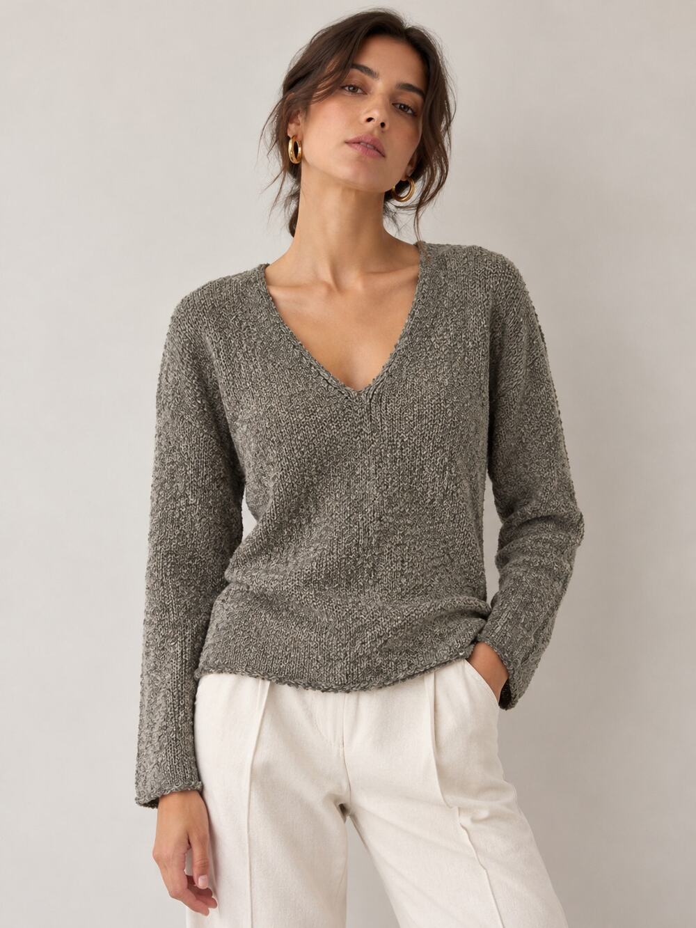 Vince Knit Oversized Sweater Taupe Sz S Linen Wool Alpaca V-Neck Granola Luxury
